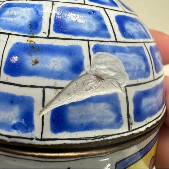 Vintage Enameled Trinket Box Cottage Cherry Blossom Branch  Boho Blue White - Picture 7 of 9